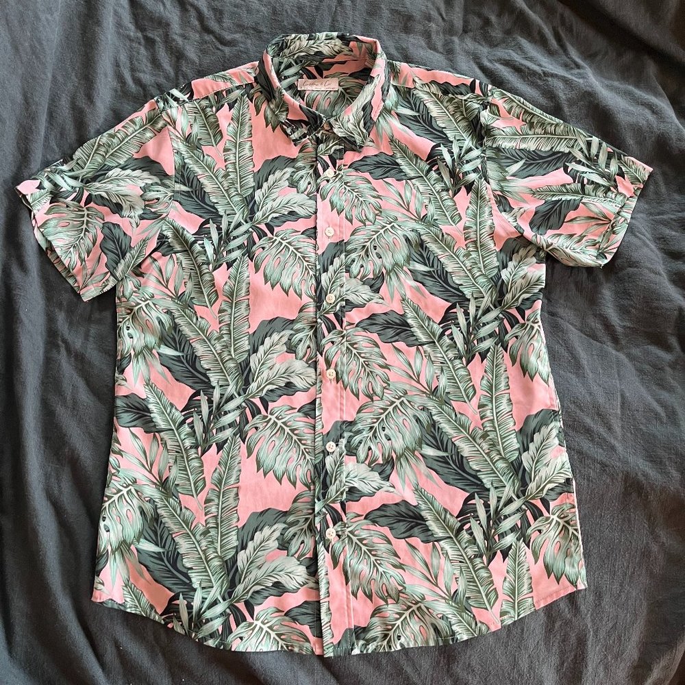 Cotton & Co. Casual Hawaiian Button Down Pink and Green Palms